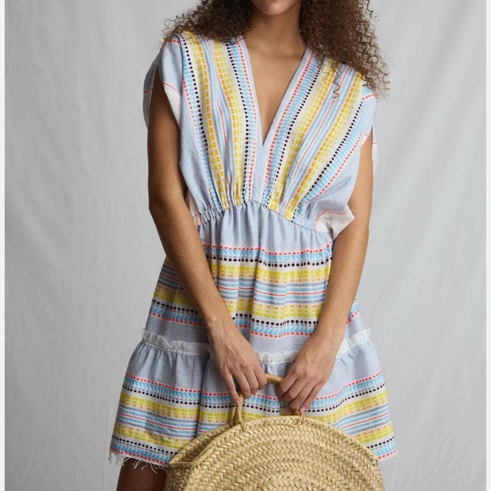 Lemlem Kiteli Plunge Neck Minidress in Multi Sky Cover Up NWT